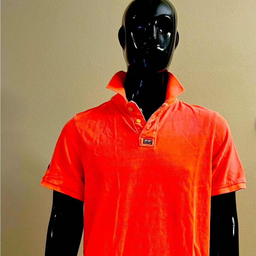 Peach colored Super Dry “Vintage Destroyed” Polo shirt. Fits like a XXL